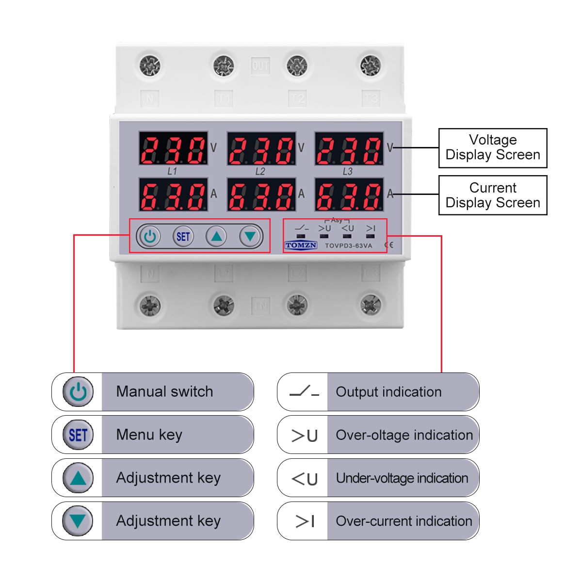Voltmètre à rail DIN triphasé ampèremètre protecteur de surintensité de  surtension automatique AC 390500V 40A