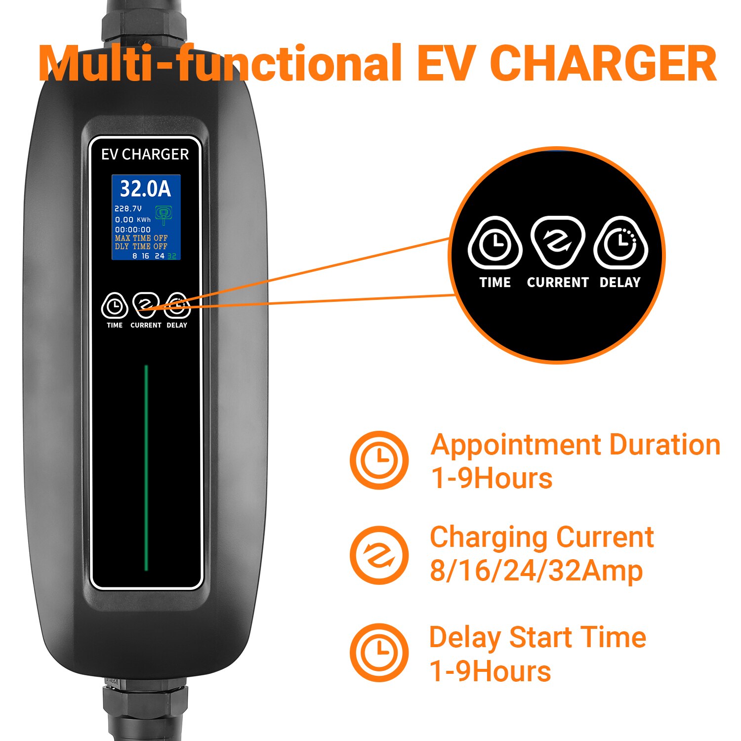Borne de charge pour voiture électrique EV, câble type 2, 7kw, minuterie  réglable, IEC 62196 EVSE 